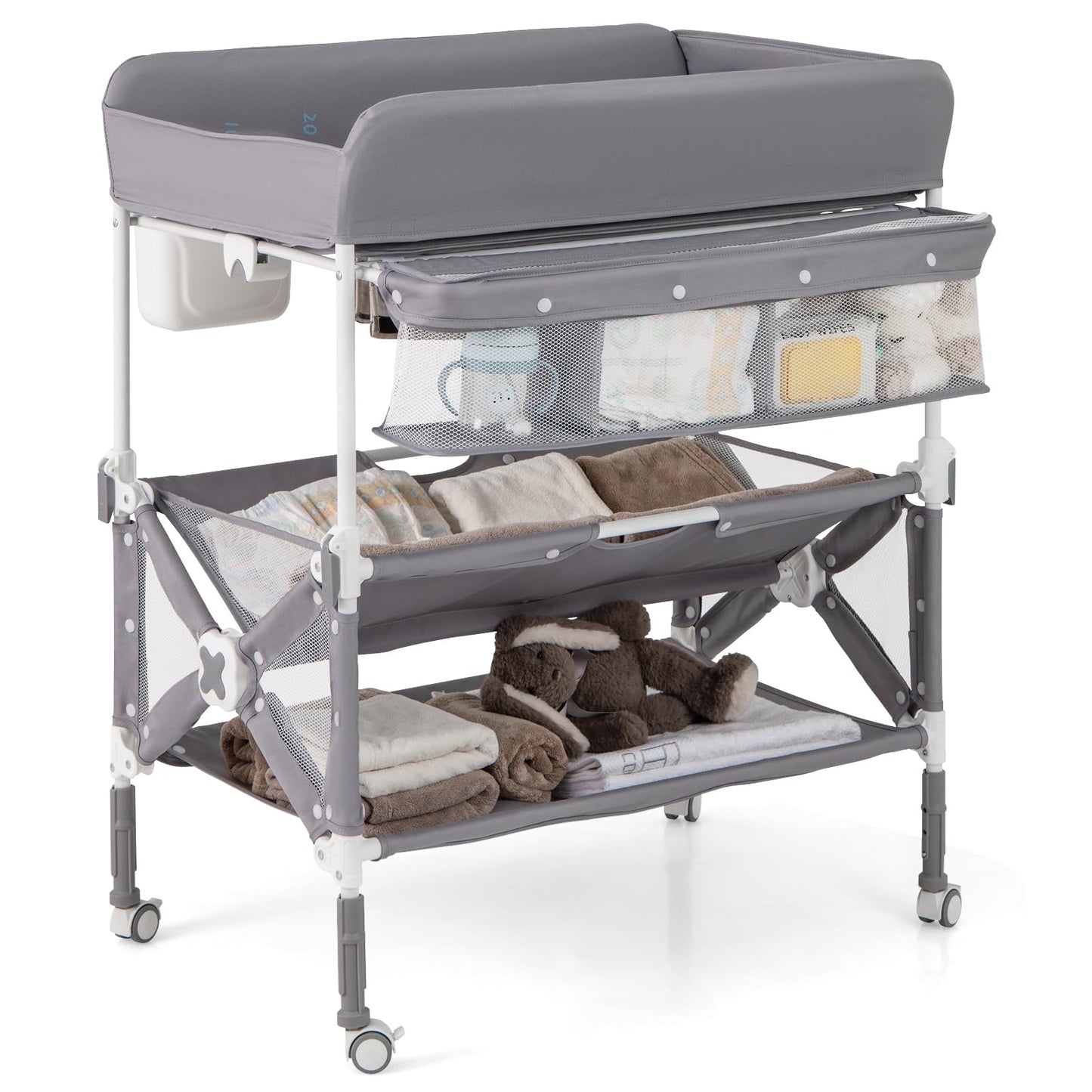 BABY JOY Portable Baby Changing Table, Foldable Waterproof Diaper Changing Station w/Wheels, Adjustable Height, Storage Basket, Shelves & Trash Bin, Mobile Nursery Organizer for Newborn Infant, Beige