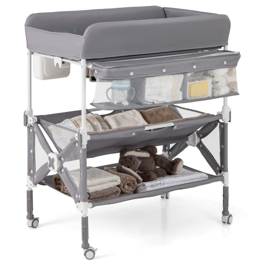 BABY JOY Portable Baby Changing Table, Foldable Waterproof Diaper Changing Station w/Wheels, Adjustable Height, Storage Basket, Shelves & Trash Bin, Mobile Nursery Organizer for Newborn Infant, Beige