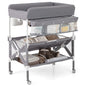 BABY JOY Portable Baby Changing Table, Foldable Waterproof Diaper Changing Station w/Wheels, Adjustable Height, Storage Basket, Shelves & Trash Bin, Mobile Nursery Organizer for Newborn Infant, Beige
