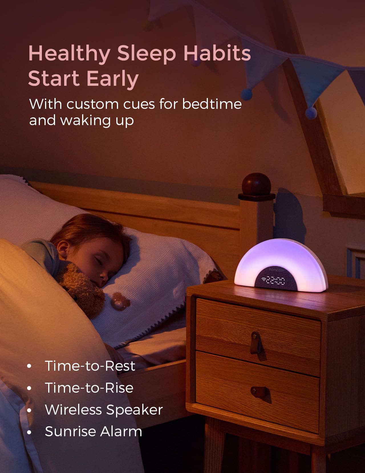 Momcozy DreamSync Tech™ Baby Sound Machine, Night Light, APP Control, Routine Builder, White Noise Machine with 34 Soothing Sounds, Wake Up Light Sunrise Alarm Clock, Wireless Speaker