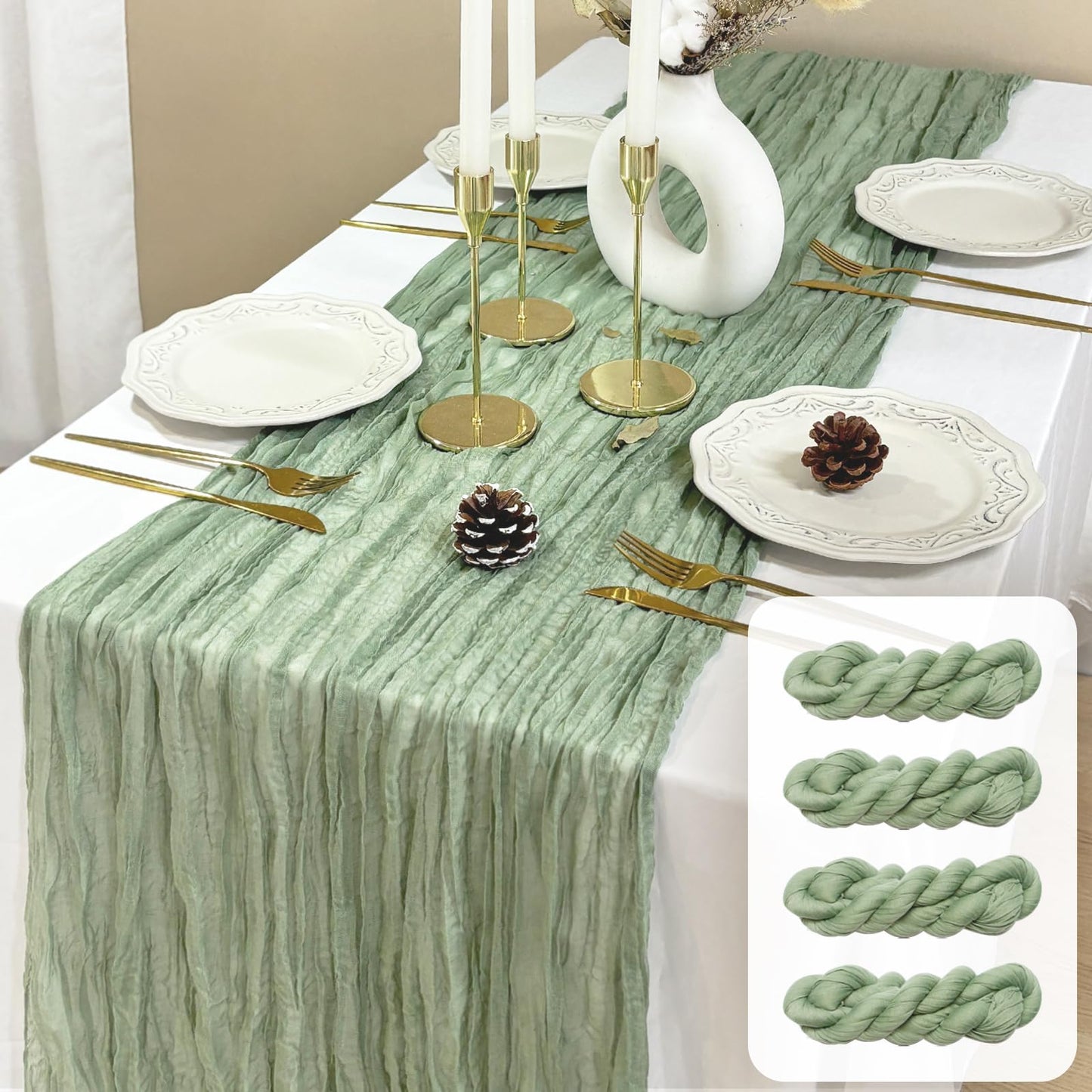 FEXIA Beige Cheesecloth Table Runner 35x120 Inches Ivory Gauze Rustic Boho Spring Easter Table Runner for Engagement Party Decorations Bridal Shower Wedding Party First Communion Centerpiece