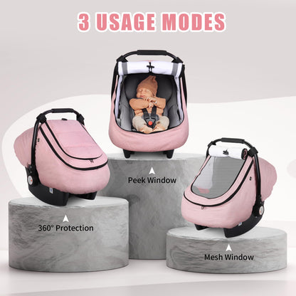 Rquite Car Seat Cover Baby, Carseat Covers Boy Girl, 2 Layers Window -Breathable Mesh & Wind/Sun Shade, Infant Car Seat Canopy Baby Carrier/Stroller Cover, Fit Spring, Fall, Winter, Cold Weather