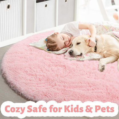 Pink Round Area Rugs 6Ft for Bedroom Living Room, Big Fluffy Shag Circle Rug for Kids Playroom, Cute Preppy Room Decor for Teen Girls, Cozy Fuzzy Furry Plush Carpets for Baby Nursery, Dorm, Classroom