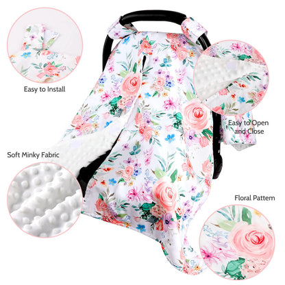 Baby Car Seat Cover, Peekaboo Opening Spring Car Seat Canopy for Baby Girls Boys, Mom Nursing Breastfeeding Covers, Blanket for Infant, Pink Watercolor Flower