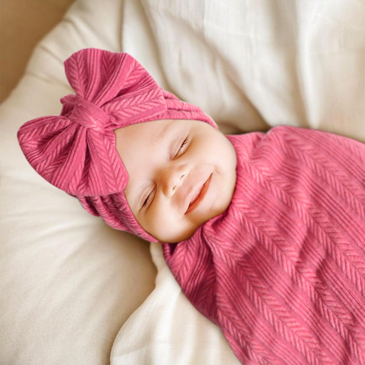 Newborn Receiving Blanket with Bow Hat Mittens Wooden Card Set Wheat-Pattern Newborns Toddler Baby Boy Girl Nursery Swaddle Wrap