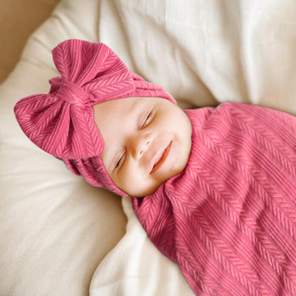 Newborn Receiving Blanket with Bow Hat Mittens Wooden Card Set Wheat-Pattern Newborns Toddler Baby Boy Girl Nursery Swaddle Wrap
