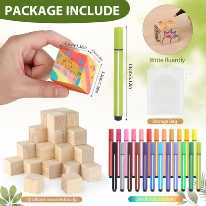 Baby Shower Games Sign Kit with 50 Blank Wooden Baby Blocks, 24 Acrylic Paint Marker and Wooden Sign, Blocks for Baby Shower, Gender Reveals Party(Green)
