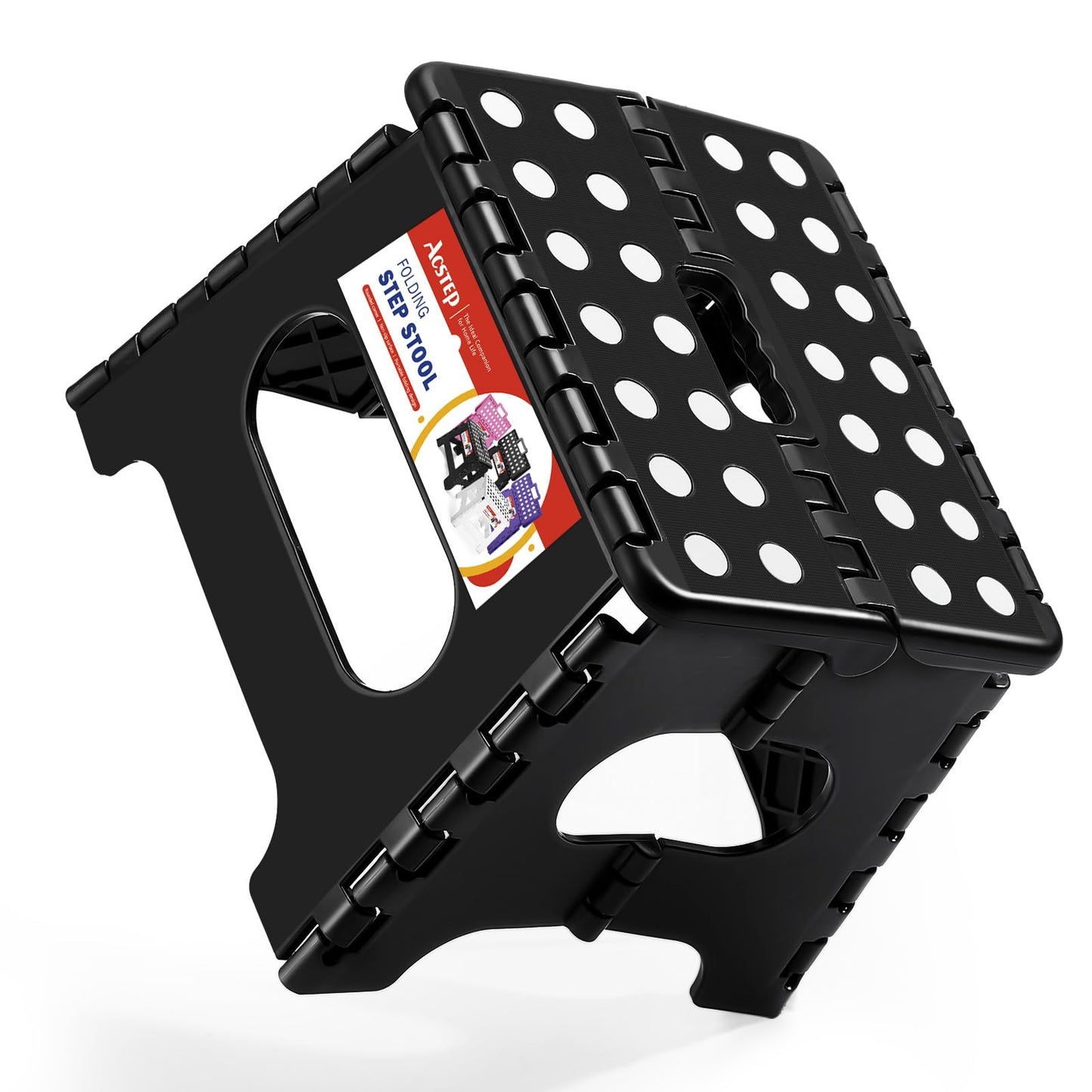ACSTEP Folding Step Stool 9'' Tall Kids Step Stool Holds Up to 300 lb Plastic Foldable Step Stools for Kids Non-Slip Surface with Carry Handle Collapsible Stool for Home, Outdoor and Indoor(Black)