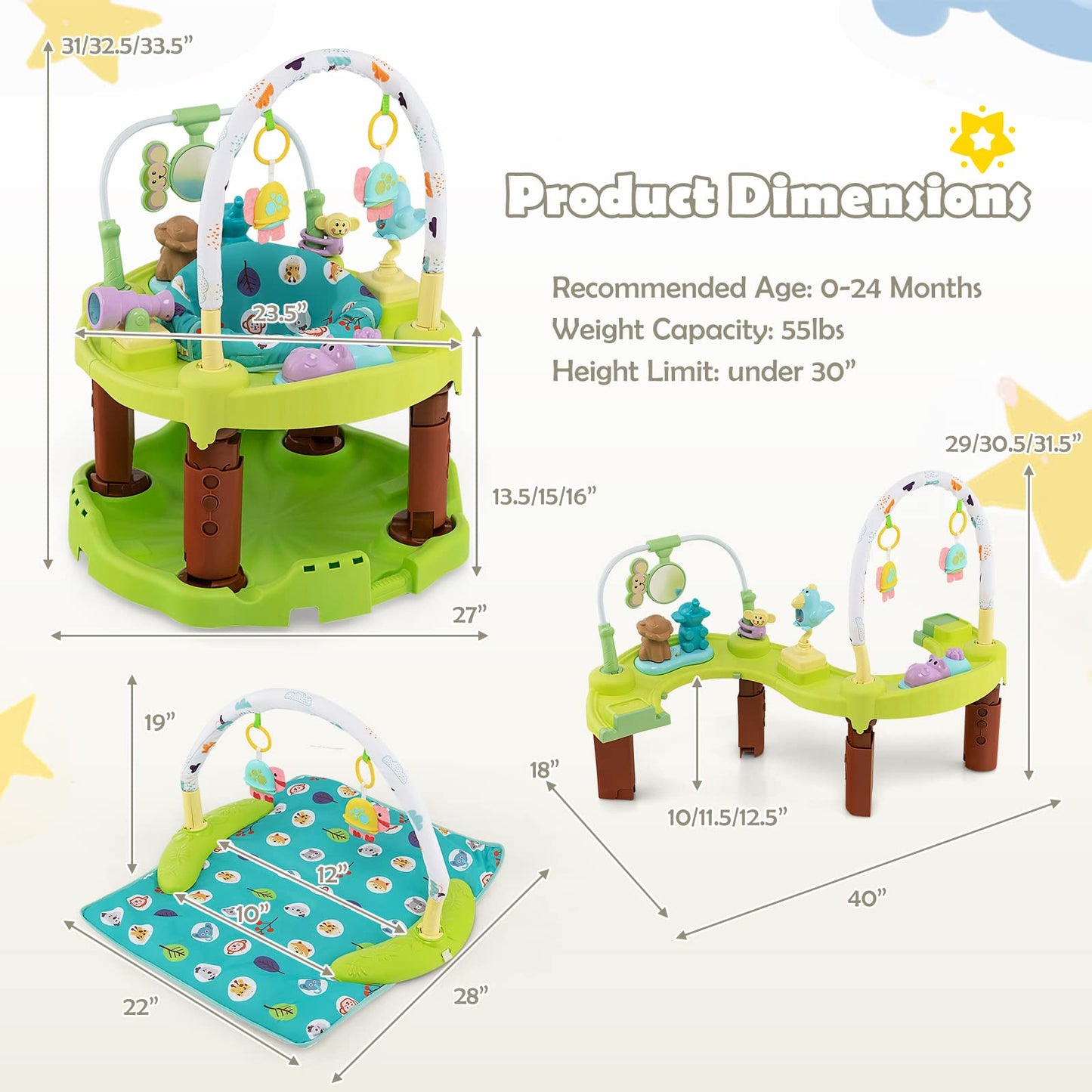 HOMGX Baby Bouncer Activity Center, 3 in 1 Baby Jumper Center & Infant Playtime Mat & Activity Table w/Baby Toys, 3 Adjustable Heights & 360° Rotatable Seat, Exersaucer for Toddlers (Green)
