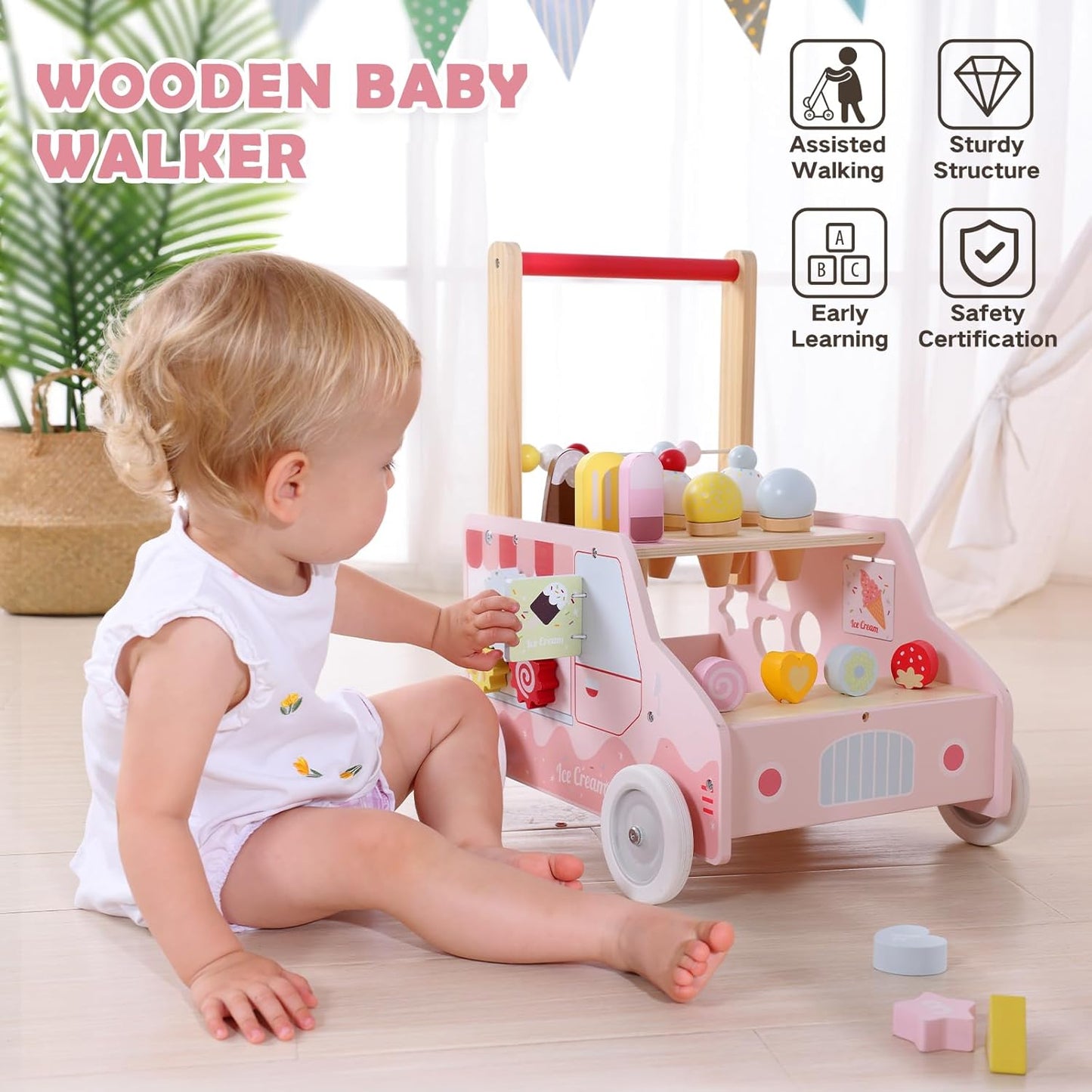 labebe Wooden Baby Walker, Push Activity Walker for Kids 12M+, Multifunctional Ice Cream Cart Activity, Adjustable Speed Learning Walking with Wheels, Birthday Gift for Girls Boys Ages 1-3 (Pink)