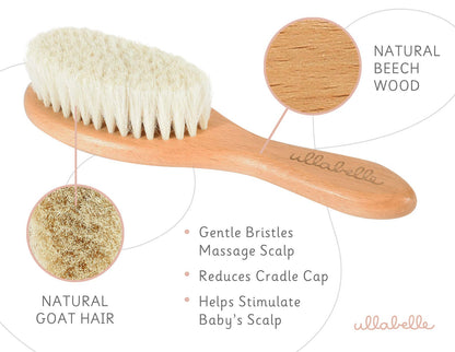 4 Piece Wooden Baby Hair Brush and Comb Set for Newborns & Toddlers in Chic Gift Box - Ultra Soft Natural Goat Hair and Wood Baby Brush Set Prevents Cradle Cap - Perfect Registry Gift (Pink)
