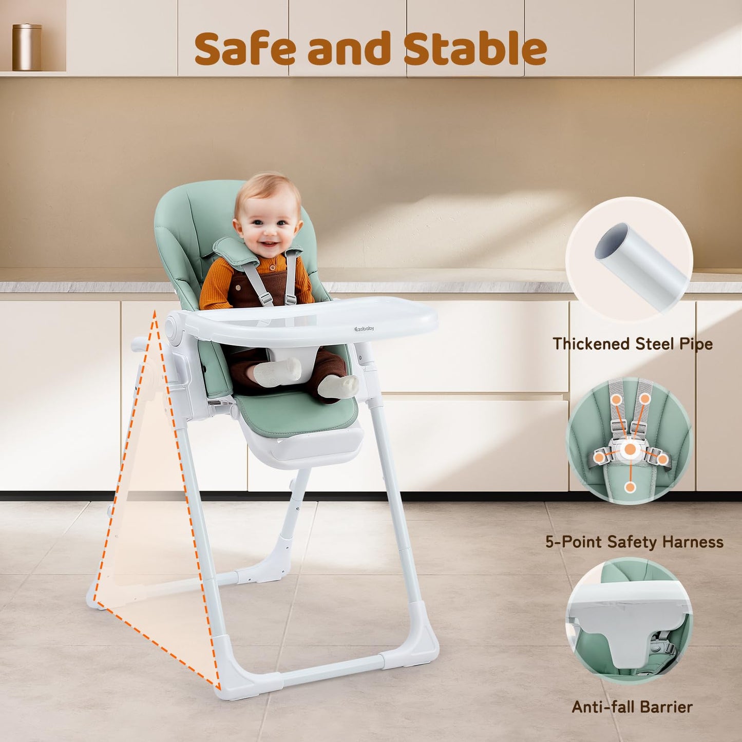 Ezebaby Foldable Baby High Chair – Portable High Chairs for Babies & Toddlers, Adjustable Height & Recline, 5-Point Harness, Removable Tray Baby Feeding Highchair