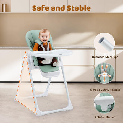 Ezebaby Foldable Baby High Chair – Portable High Chairs for Babies & Toddlers, Adjustable Height & Recline, 5-Point Harness, Removable Tray Baby Feeding Highchair