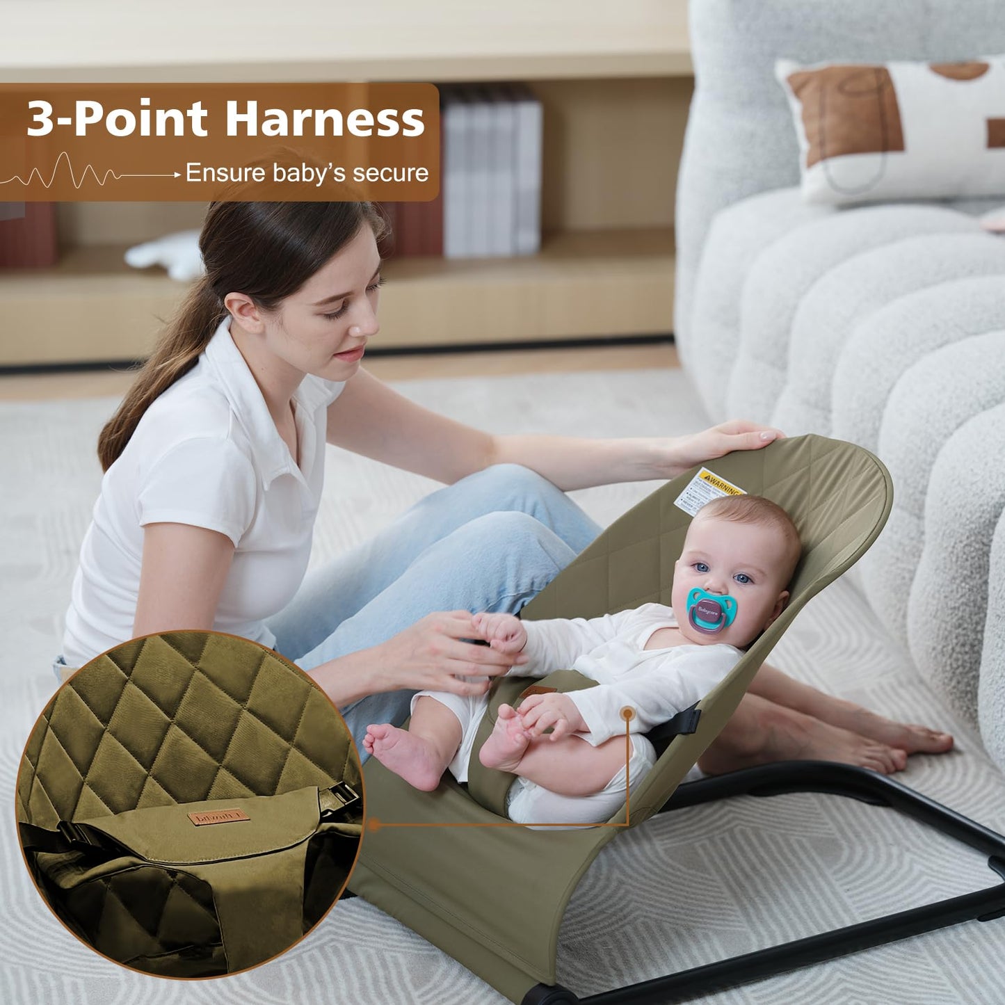 Baby Bouncer,Baby Bouncer Seat,Portable Infant Bouncer with 3-Point Safety Harness,Ergonomic Bouncy Seat, Newborns Bouncer for Babies 0-6 Months up to 20lbs,ASTM-Certified(Pink)