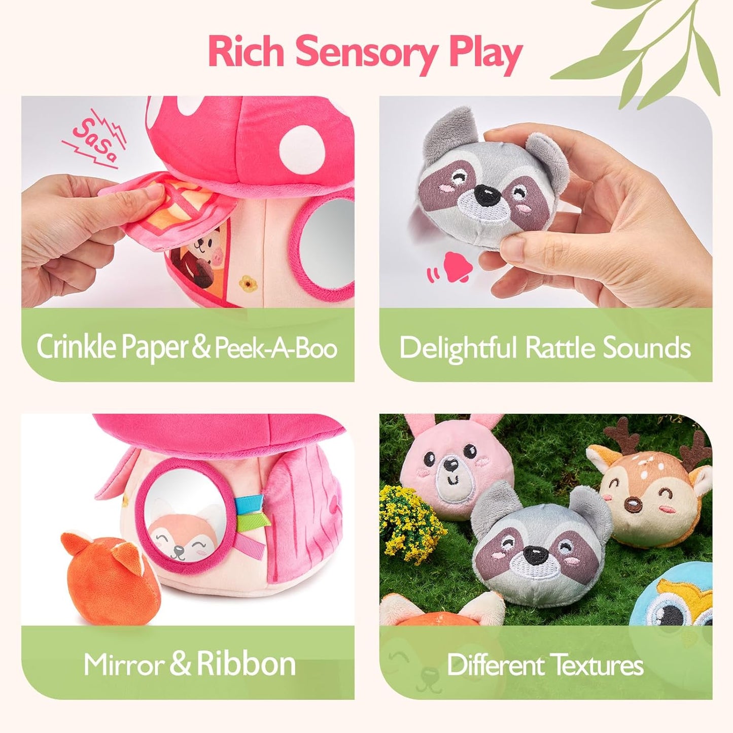 hahaland Baby Girl Toys 6-12 Months - My First Mushroom House with Stuffed Jungle Animals, Rattle, Crinkle Paper, Mirror - Developmental Sensory Montessori Toys for Toddlers 1 Year Old Girl Gifts