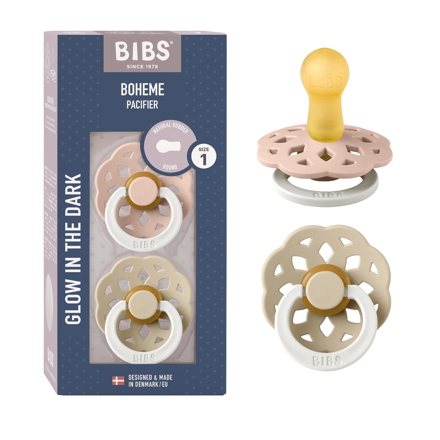 BIBS Pacifiers - Boheme Collection | BPA-Free Baby Pacifier | Made in Denmark | Set of 2 Ivory/Blossom Color Premium Soothers | Size 0-6 Months