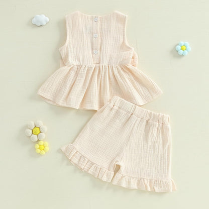 Kupretty Toddler Girl Summer Clothes Baby Solid Linen Outfit Bows Ruffle Tank Tops Shirts + Ruffled Short Set