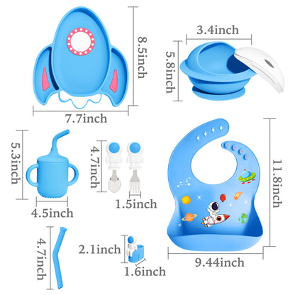 8 PCS Silicone Baby Feeding Set, Astronaut Theme, Spoons, Fork, Silicone Bibs, Baby Sippy Cups, Plate Bowl Set Baby Eating Essentials Led Weaning Toddler (Blue)