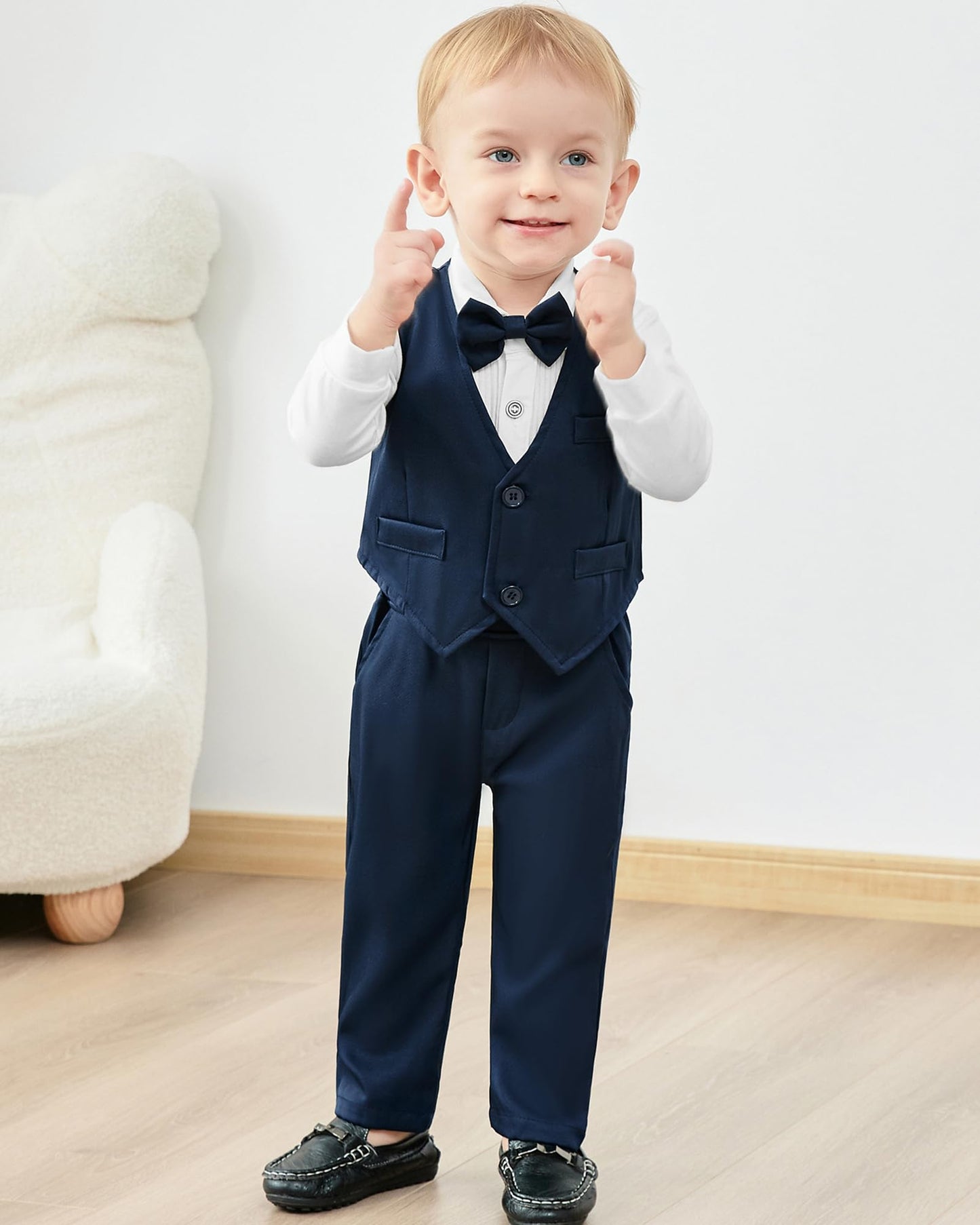 YUEMION Baby Boy Clothes Wedding Outfit Suits, 0-18 Months Infant Boy Gentleman Set, Dress Shirt+Vest+Suspender Pants+Bowtie