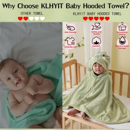 Unisex Toddler Bath Towel with Hood, 27.5"X55", Green, Anime Dinosaur Pattern, Coral Fleece, Machine Wash, 1 Count