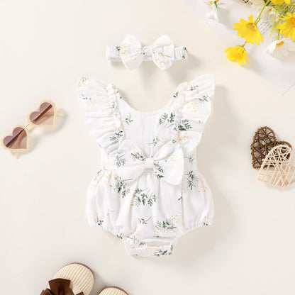 YOUNGER TREE Newborn Baby Girl Clothes Ruffle Sleeve Rompers Infant Backless Floral Jumpsuit Summer Outfits with Headband