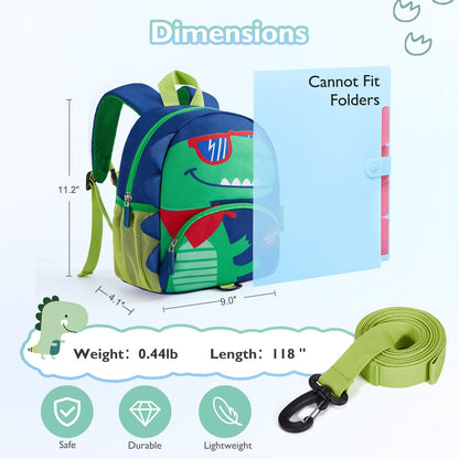 mommore Toddler Backpack for Boys 2-4, 3D Cartoon Mini Kids Travel Bag, Small Baby Backpack with Toddler Leash, Chest Buckle, Water-Resistant Pre-K Schoolbag, Dinosaur