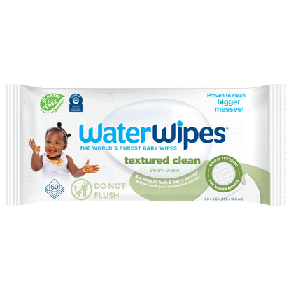 WaterWipes Plastic-Free Textured Clean, Toddler & Baby Wipes, 99.9% Water Based Wipes, Unscented & Hypoallergenic for Sensitive Skin, 60 Count (12 packs), Packaging May Vary