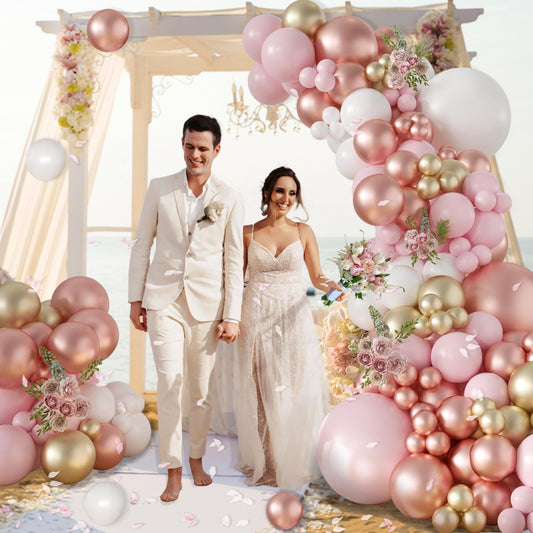 Rose Gold Balloon Arch Kit, 163pcs Metallic Rose Gold Balloon Garland Kit Include Pink White and Gold Balloons Wedding Birthday Bridal Baby Shower Party Mothers Day Bachelorette Decorations
