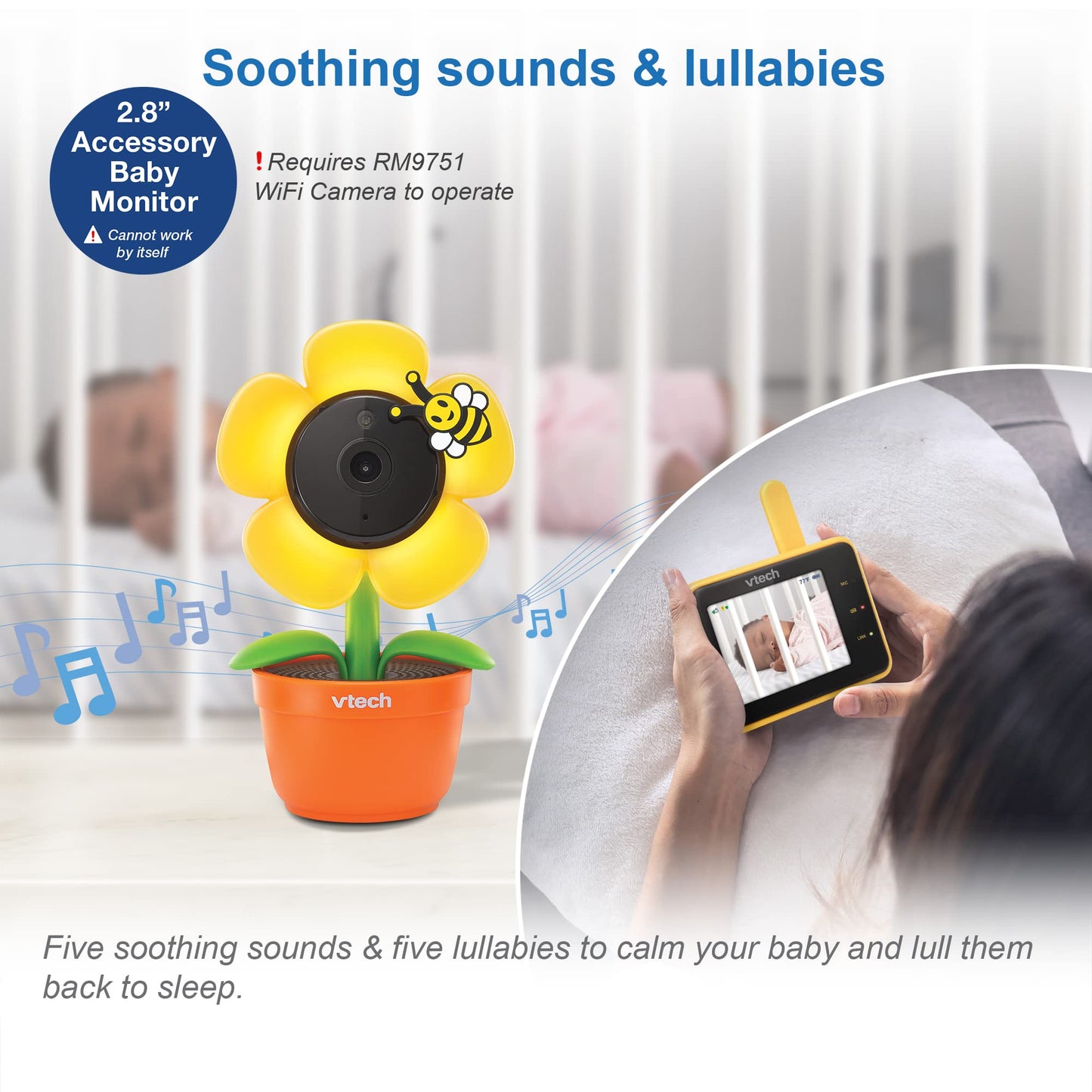 VTech RM9751 Yellow Daisy Smart Wi-Fi Baby Camera, iOS & Android Enabled, 1080p Full HD, Privacy Mode Cover, Night Light, Soothing Sounds & Lullabies, Two-way Intercom,Temperature Sensor, Night Vision