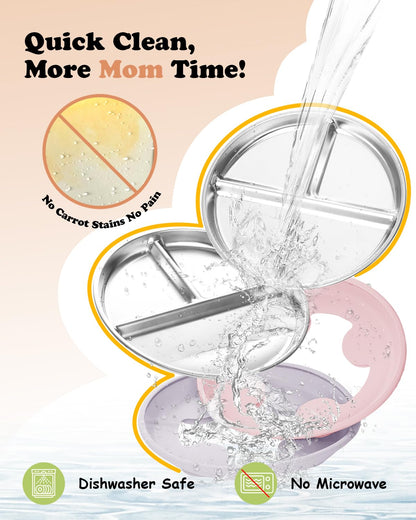 Stainless Steel Baby Plate with Suction, 9” Divided Toddler Plates with Removable Silicone Sleeves for Kids, Non-Toxic Non-Slip Unbreakable Dishwasher Safe Dinnerware Set of 2, Pink & Beige