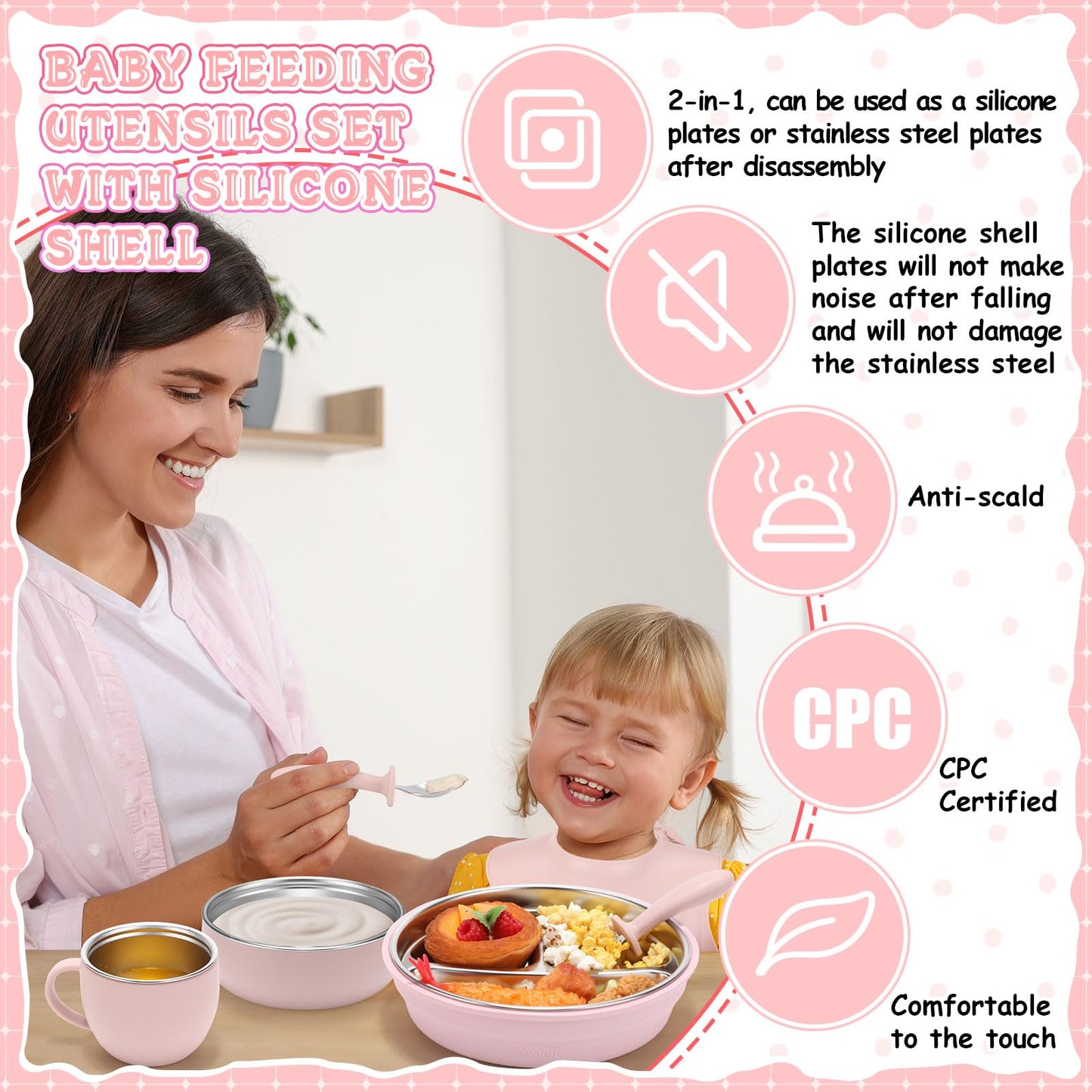 Nuogo 6 Pcs 304 Stainless Steel Kids Plates and Bowls Set Stainless Steel Suction Bowls and Toddler Cup with Removable Silicone, Forks Spoons Pocket Bib for Baby Toddle(Pink,Round)