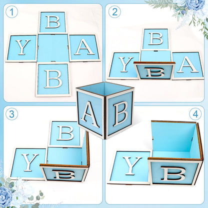 4 Set Baby Shower Centerpieces for Tables - 6 inch Wooden Boxes with Baby Letters Rustic Cube Planter Wood Blocks for Boy Girl Gender Reveal Party Favor (Blue)