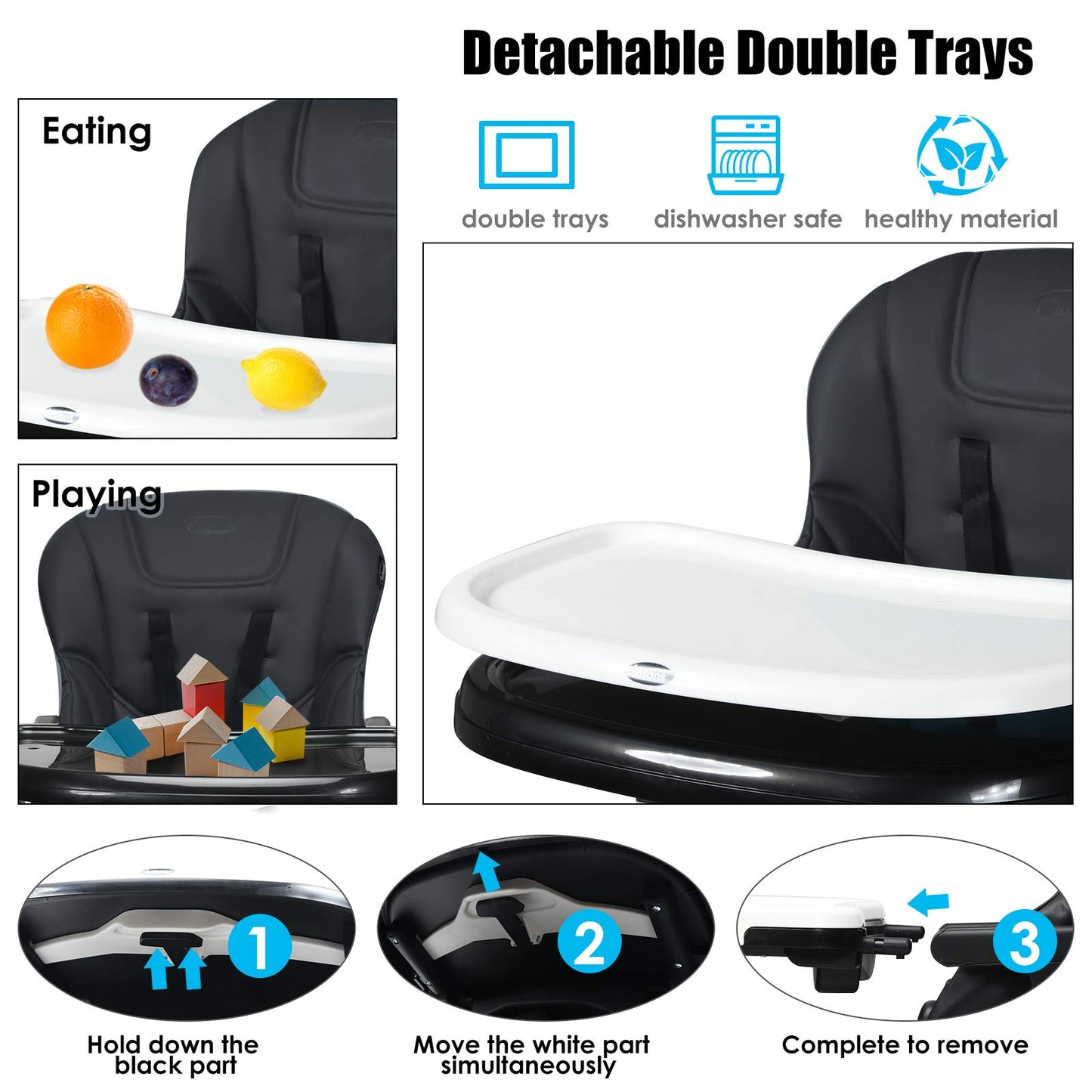 INFANS High Chair for Babies & Toddlers, Foldable Highchair with Multiple Adjustable Backrest, Footrest and Seat Height, Removable Tray, Detachable PU Leather Cushion, Built-in Rear Wheels (Black)