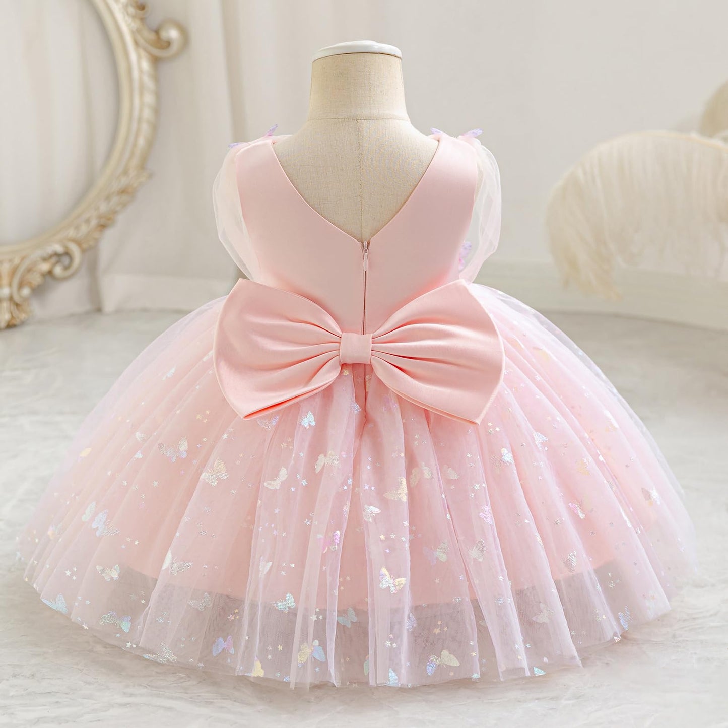 IDOPIP Toddler Baby Girls Shiny Butterfly Tutu Dress Princess Birthday Party Pageant Flower Girl Wedding V-Backless Dresses