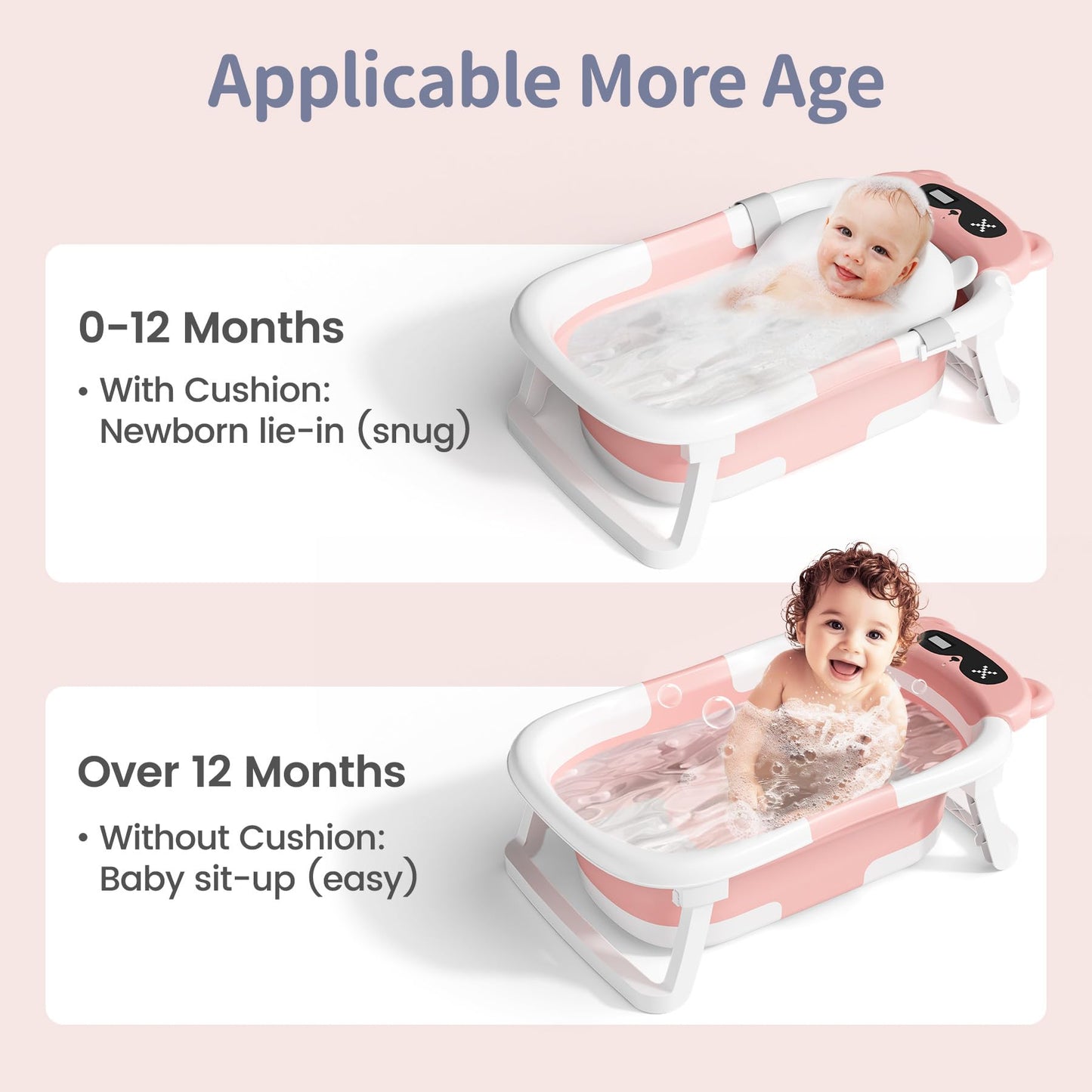 Collapsible Baby Bathtub for Newborn to Toddler (0-18 M) - Portable Baby Tub with Thermometer, Newborn Bathtub with Soft Towel and Floating Cushion (Brown)