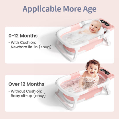 Collapsible Baby Bathtub for Newborn to Toddler (0-18 M) - Portable Baby Tub with Thermometer, Newborn Bathtub with Soft Towel and Floating Cushion (Brown)