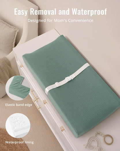 Blissful Diary Muslin Baby Changing Pad with Waterproof Lining Foam, Diaper Changing Table Pad with Cover for Dressers (Monstera, Avocado)