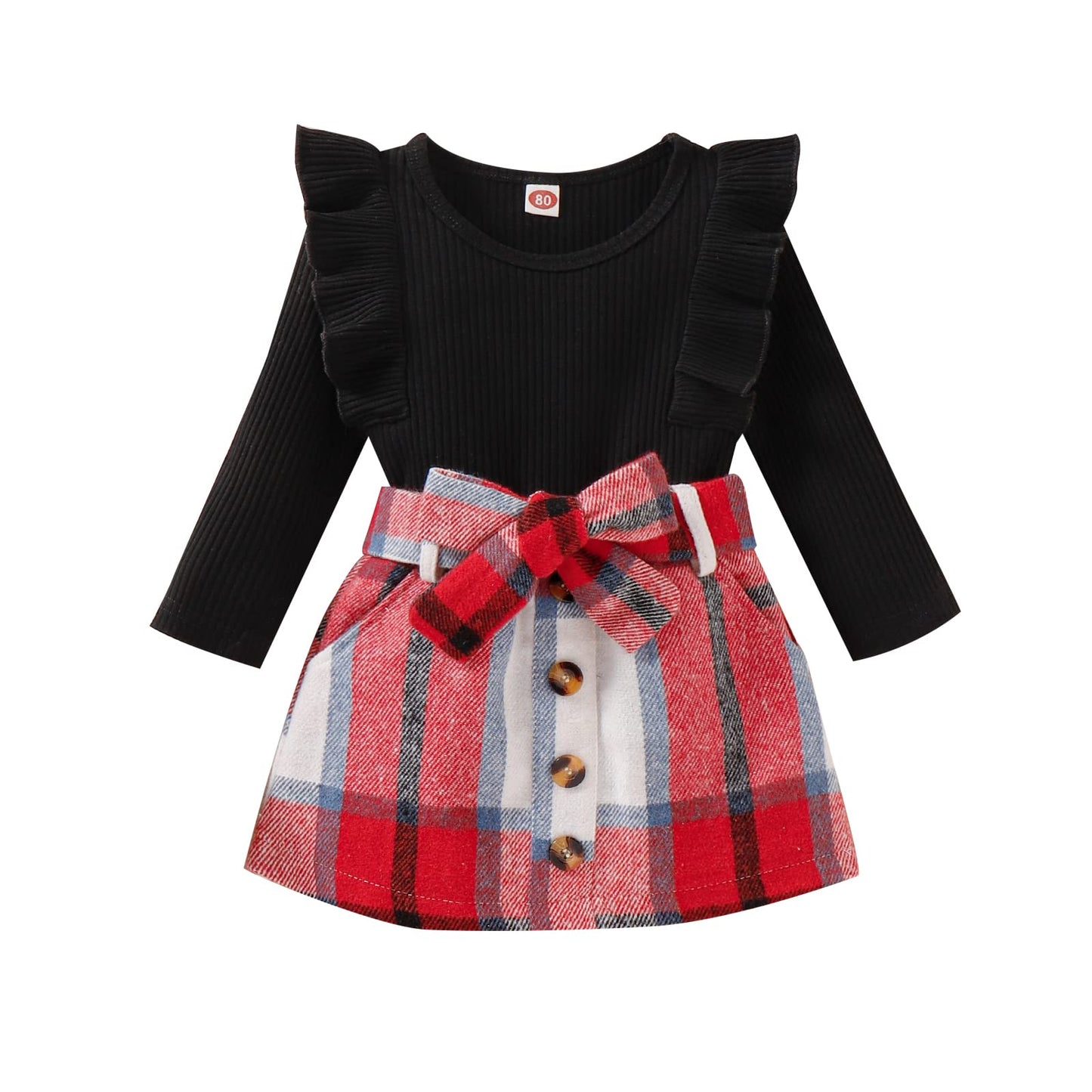 Noubeau Toddler Baby Girls Plaid Outfits Knit Ribbed Sweatshirt Shirt Tops Red Plaid Belt Skirt Fall Winter Clothes