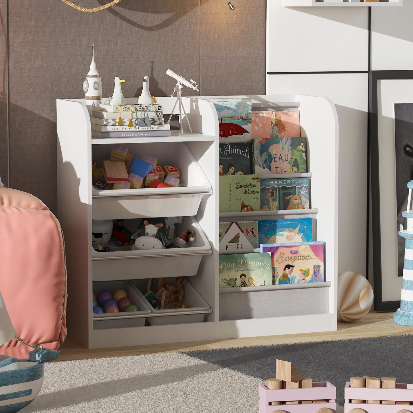 White Kids Bookshelf Wood Toy Storage Organizer Cabinet Children Bookcase Toddler Baby Sling Book Rack 3 Cube Bins Fabric Drawers for Playroom Bedroom Nursery School