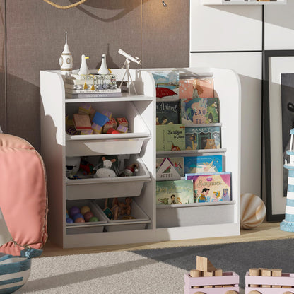 White Kids Bookshelf Wood Toy Storage Organizer Cabinet Children Bookcase Toddler Baby Sling Book Rack 3 Cube Bins Fabric Drawers for Playroom Bedroom Nursery School
