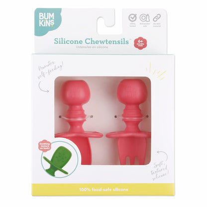 Bumkins Disney Baby Utensils Set, Chewtensils Silicone Spoons for Dipping, Self-Feeding, Baby Led Weaning, Trainer Learning, First Stage Eating, Soft Fork and Spoon, Babies 6 Months, Minnie Mouse