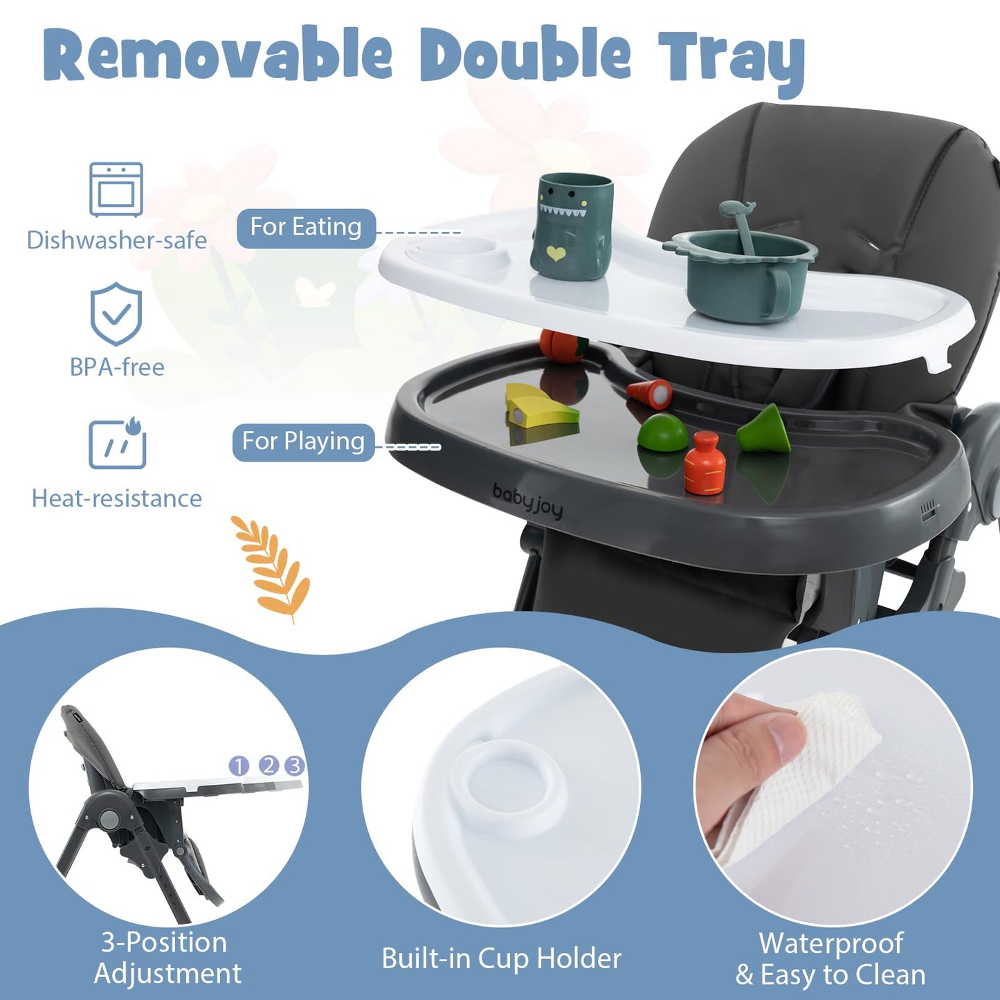 BABY JOY Convertible High Chair for Babies & Toddlers, Height Adjustable, Grow & Go High Chair w/Recline & Footrest, Removable Double Tray, Portable Baby Dinning Chair with Wheels (Beige)