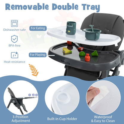 BABY JOY Convertible High Chair for Babies & Toddlers, Height Adjustable, Grow & Go High Chair w/Recline & Footrest, Removable Double Tray, Portable Baby Dinning Chair with Wheels (Beige)