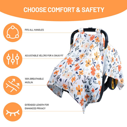 100% Muslin Summer Baby Car Seat Cover, Universal Fit Infant Car Seat Canopy, Breathable & Lightweight Sun, Weather Protection for Boys & Girls