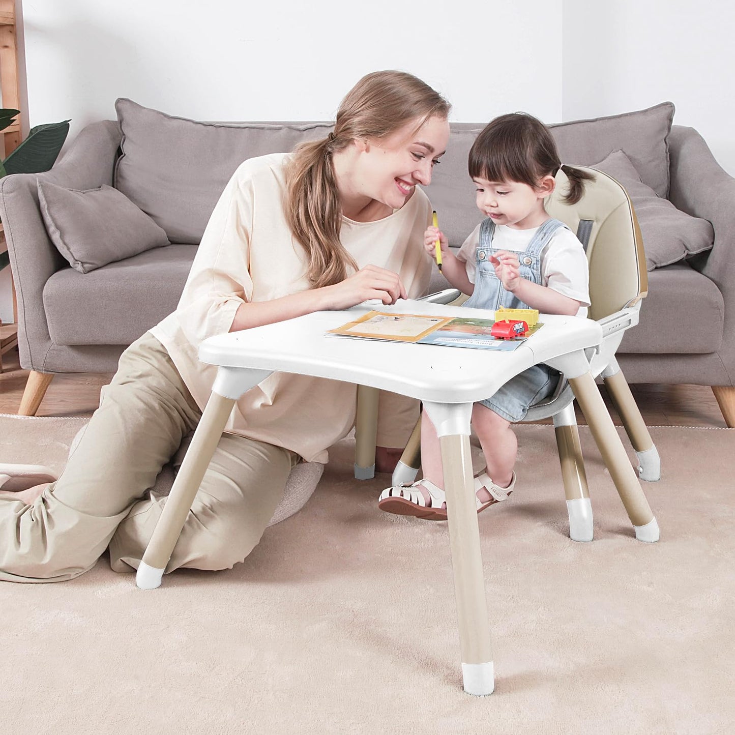Gofirst 6 in 1 Baby High Chair,Convertible High Chairs for Babies and Toddlers/Booster Seat/Table and Chair Set,Baby Feeding Chair/5-Point Harness,4-Position Removable Tray&PU Cushion Baby Highchair
