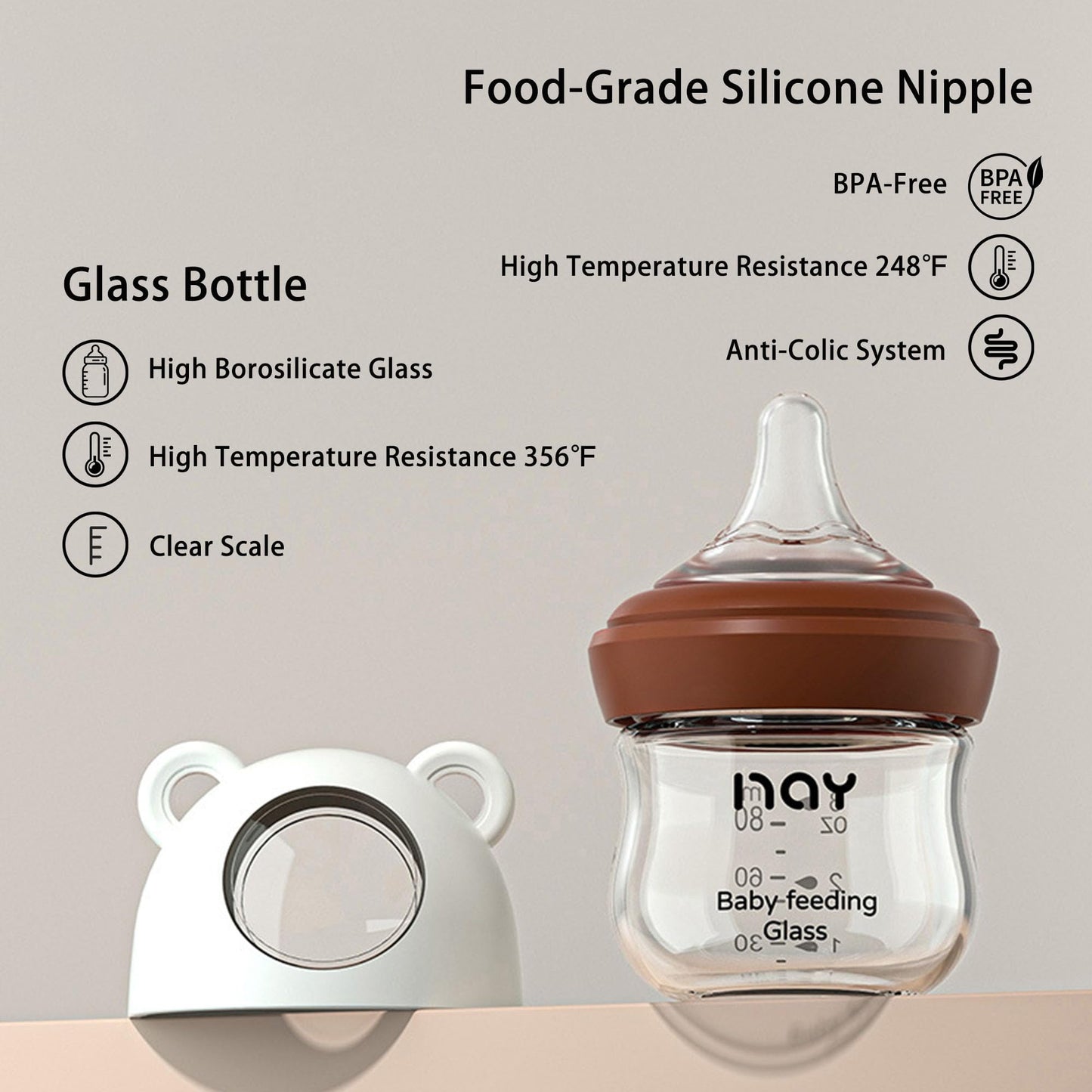 Natural Glass Baby Bottle for Breastfeeding Babies, 5.4oz Anti-Colic Baby Bottle with Natural Response Nipple(S), Clear, Wide Neck, 2 Pack, 1 Months+