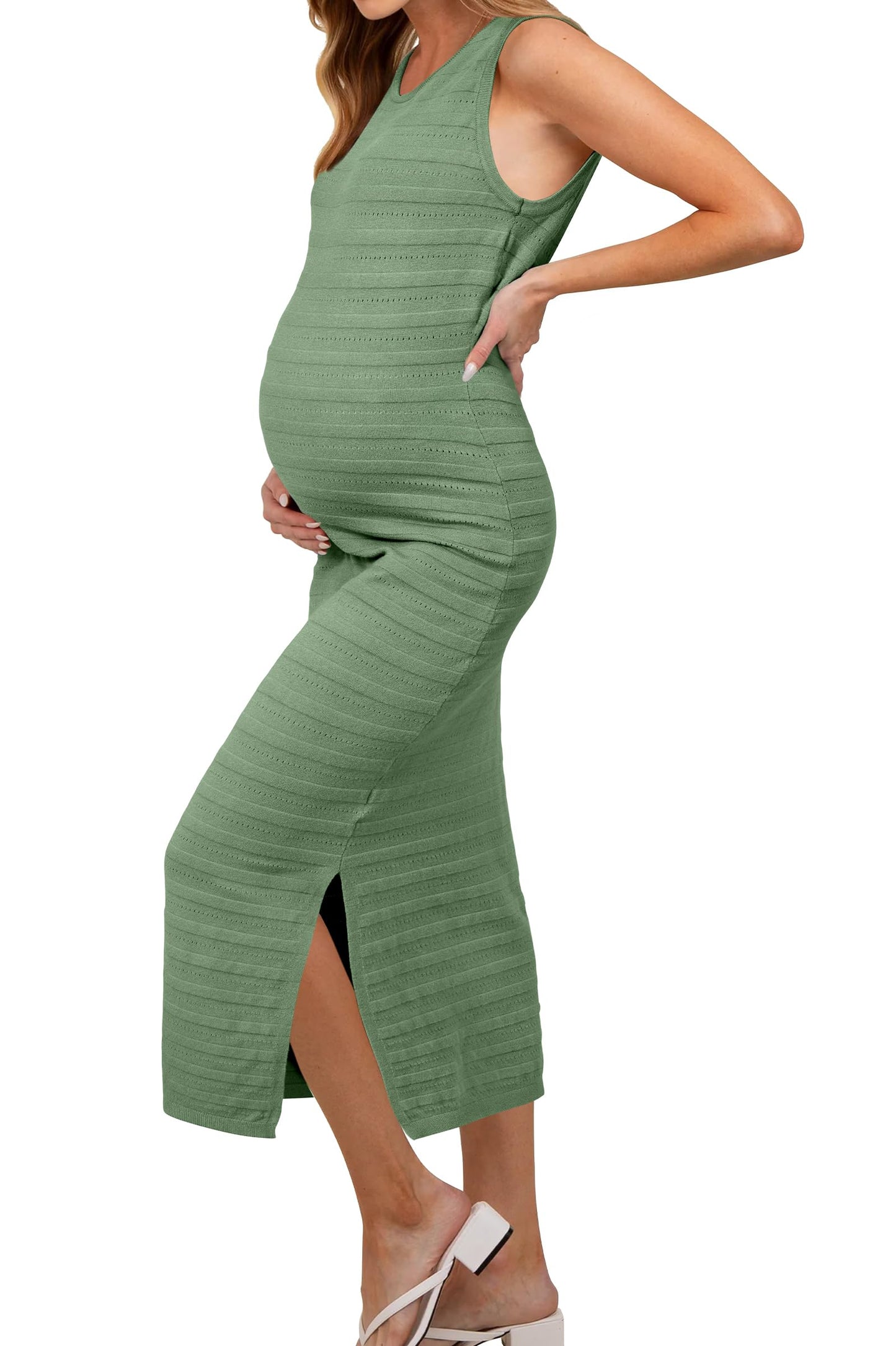 OUGES Women's 2025 Summer Maternity Dress Knit Sleeveless Crewneck Midi Dress Side Slit Striped Bodycon Sweater Dress