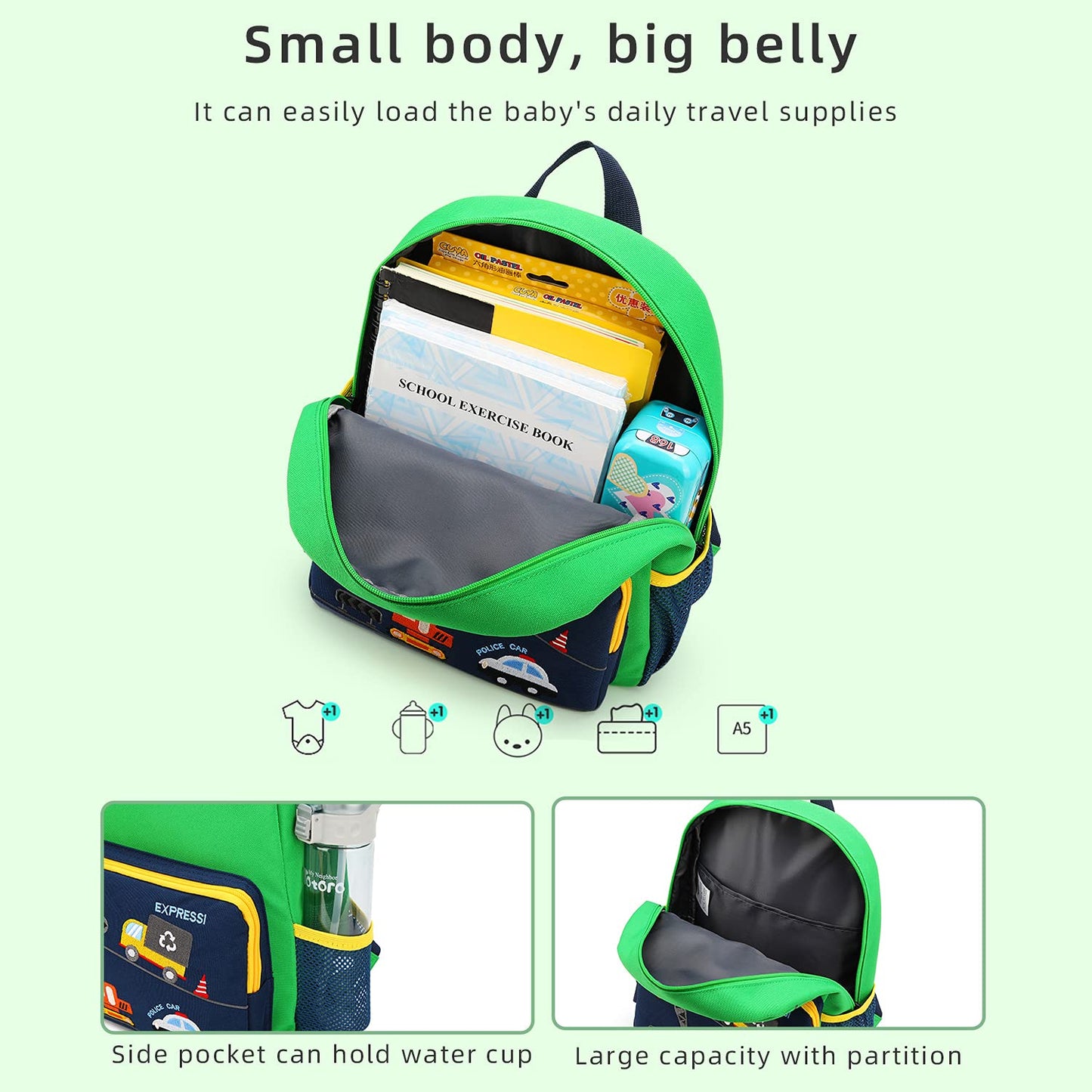 Car Dinosaur Kids Toddler Backpack for Boys and Girls Children Waterproof Preschool Bag(Red Music Party)