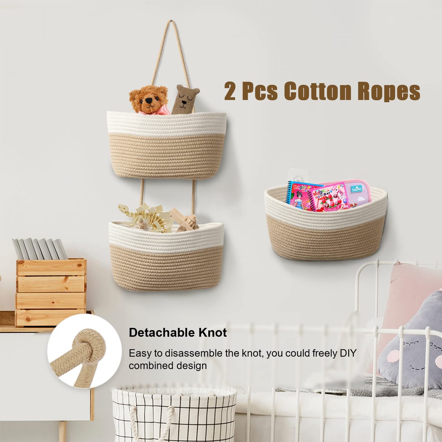 TeoKJ Over the Door Hanging Basket, 3-Tier Woven Cotton Wall-Mounted Storage Organizer Bag Decorative Hanging Nursery Baskets - Jute
