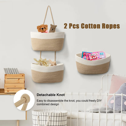 TeoKJ Over the Door Hanging Basket, 3-Tier Woven Cotton Wall-Mounted Storage Organizer Bag Decorative Hanging Nursery Baskets - Jute